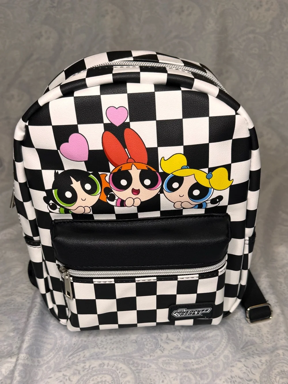Powerpuff Girls Faux Pebbled Leather Black & White Check Mini Backpack